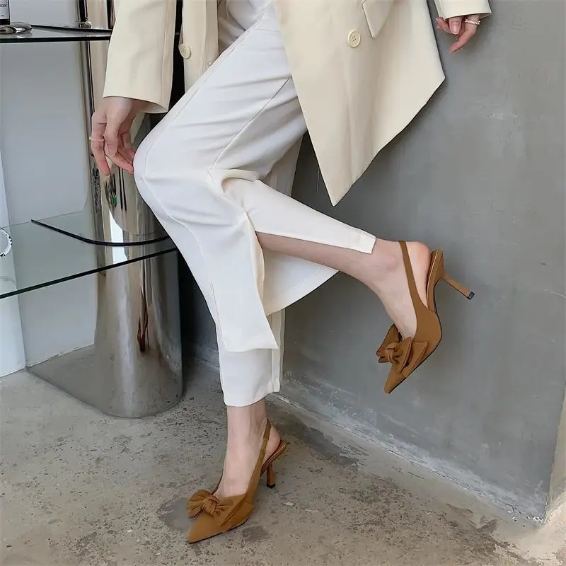 Giày Cao Gót Nữ Mũi Nhọn Đính Nơ Thời Trang