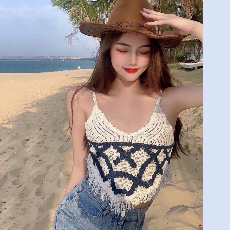Áo hai dây tua rua họa tiết boho m_001