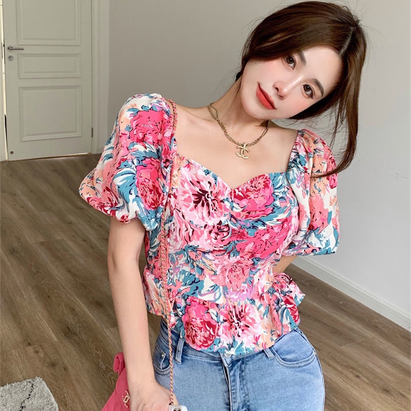 Áo Kiểu Tay Ngắn Phồng Cổ Vuông Họa Tiết Hoa Phong Cách Retro