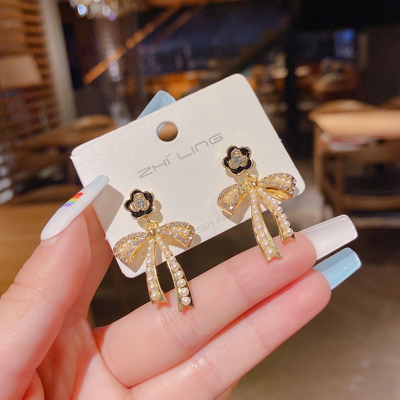 Khuyên Tai Bạc S925 Hình Nơ Đính Ngọc Trai Cao Cấp Sang Trọng