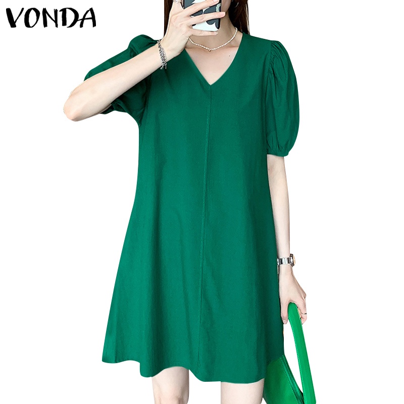 Đầm Vonda tay ngắn cổ chữ v màu trơn kiểu Hàn Quốc mùa hè thanh lịch cho phái nữ
