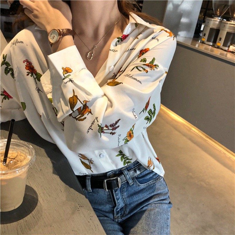 Women Fashion Floral Print Casual Long-sleeved Shirt Blouse