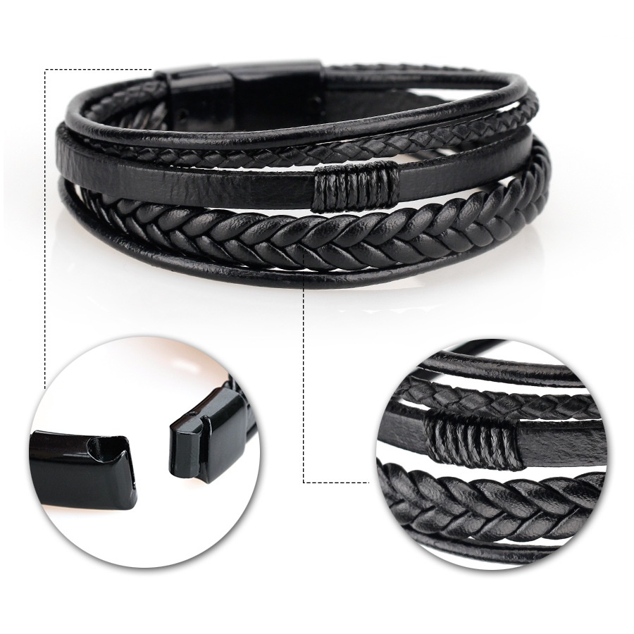 Bộ Vòng Tay Nam Lắc Tay Unisex Leather Thời Trang Vòng Tay Nam Nữ SAZ Màu Đen Da Cao Cấp - Vòng Leather