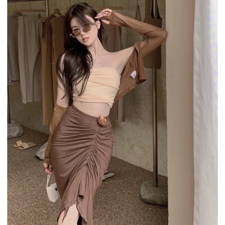 Set áo croptop+chân váy ôm dài Ulzzang