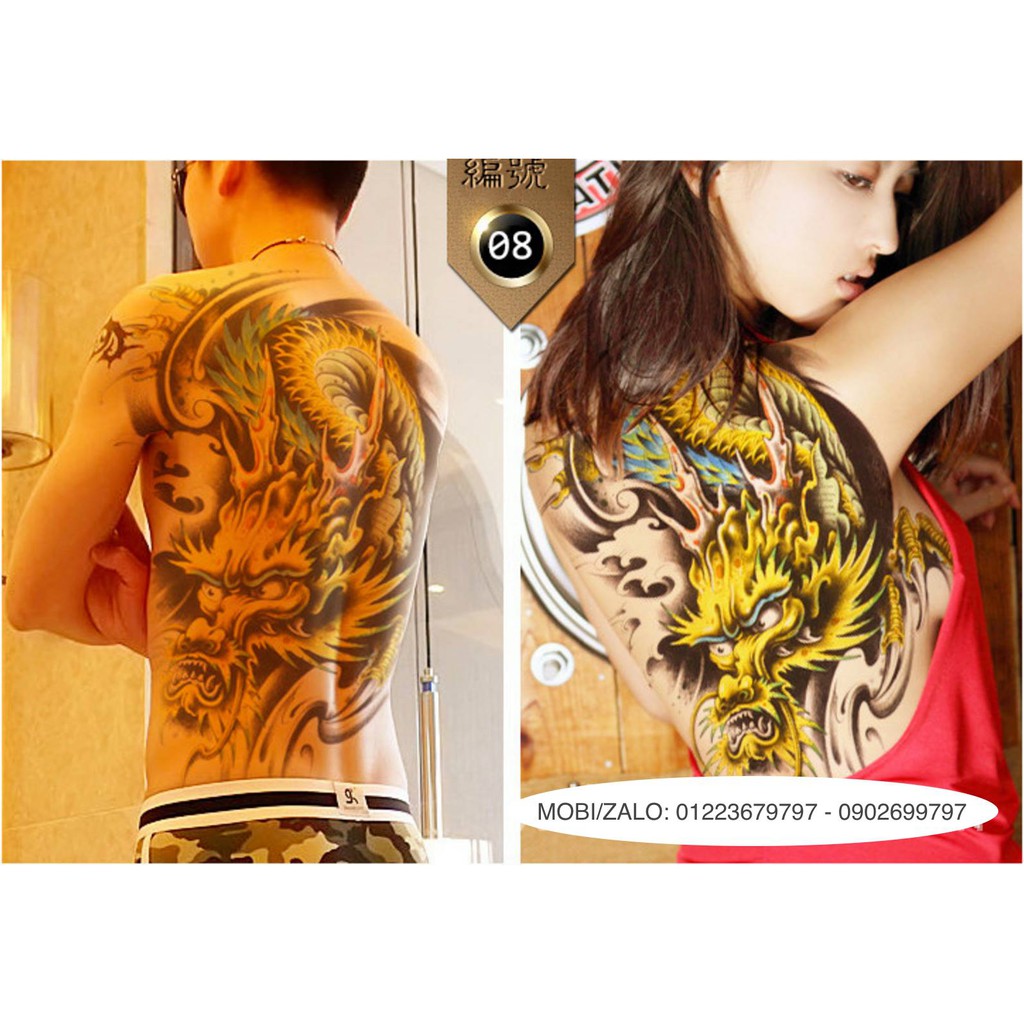 Hình xăm dán kín lưng rồng màu 35x48cm- tặng bắp tay tattoo 12x19cm