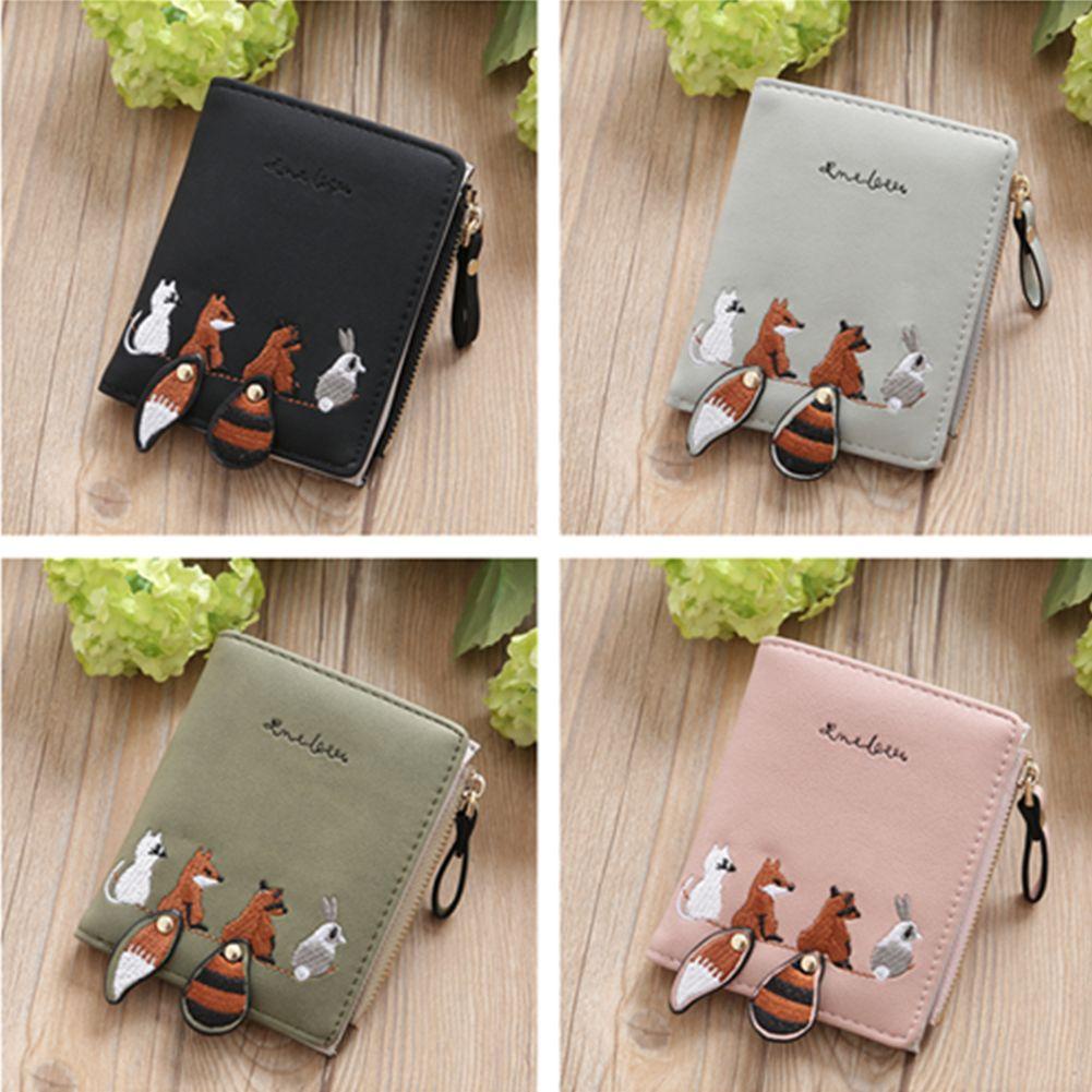 Ví Da PU Ngắn Thêu Hình Cáo Dễ Thương Có Khóa Kéo Cho Nữ Giá Đỡ