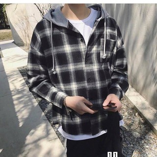 Áo sơmi đen nón xám flannel nam nữ unisex