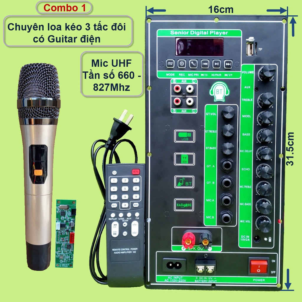 Mạch loa kéo 2 kênh 3 tấc đôi có Guitar điện 2 IC CS8676 120W + 120W có nguồn xung 220V kèm Micro đơn