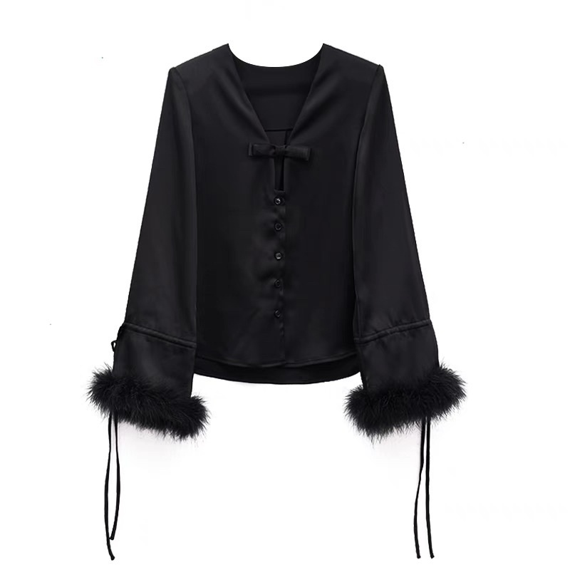 ÁO SƠ MI LỤA NỮ PHỐI LÔNG VŨ ĐEN PHONG CÁCH SANG TRỌNG CHIC GIRL