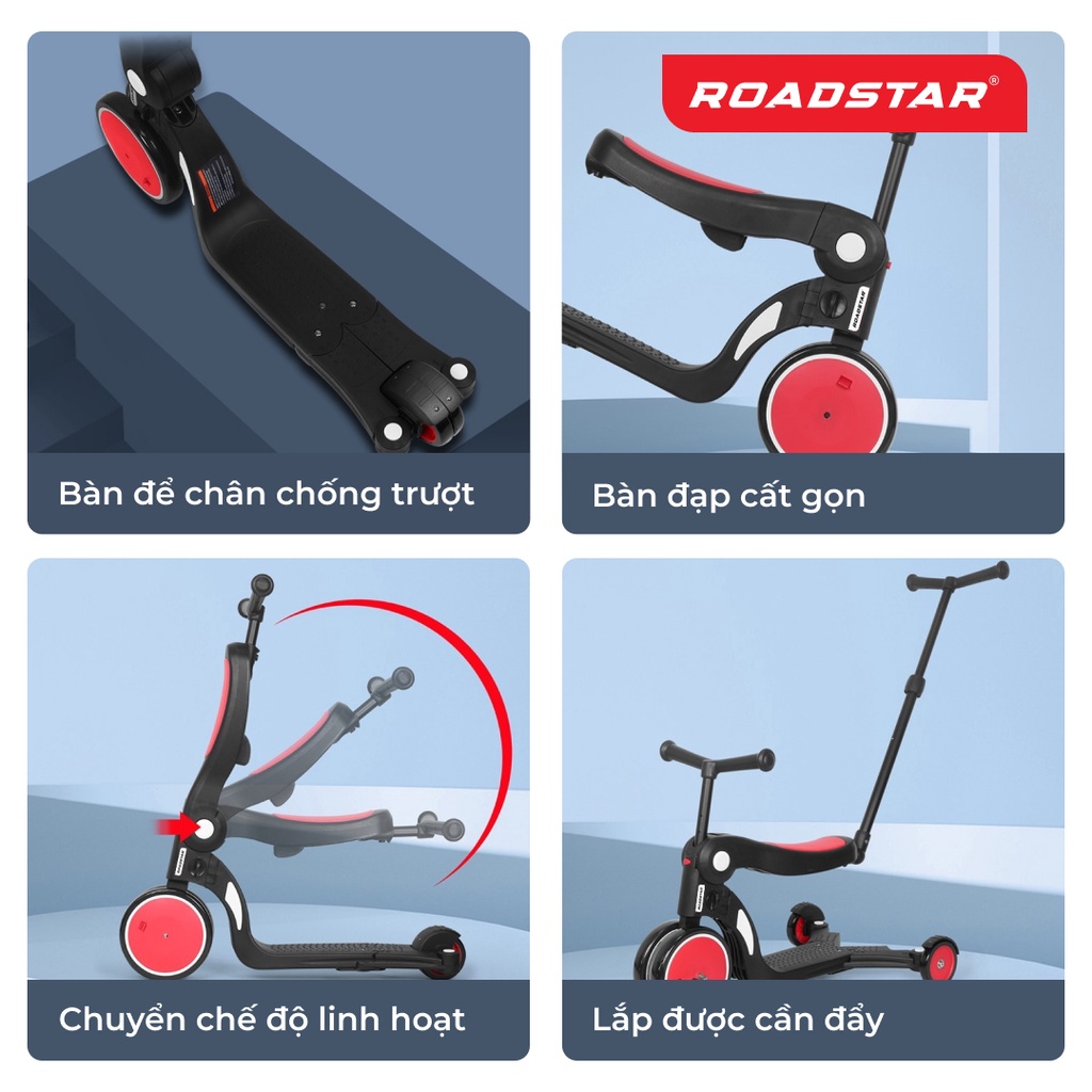 Xe scooter cho bé đa năng 5 trong 1 thương hiệu ROADSTAR từ 1-6 tuổi có bàn đạp và cần đẩy