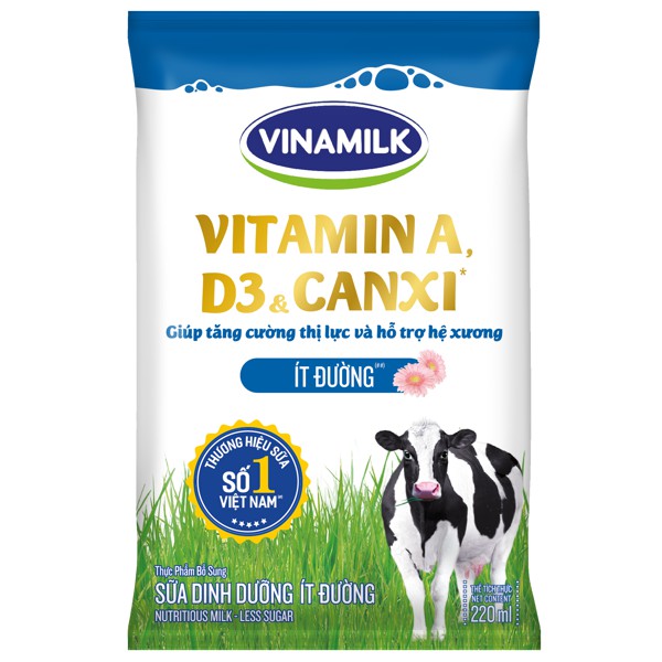 Combo 10 Bịch Sữa dinh dưỡng ít đường Vinamilk A&amp;D3 bịch 220ml