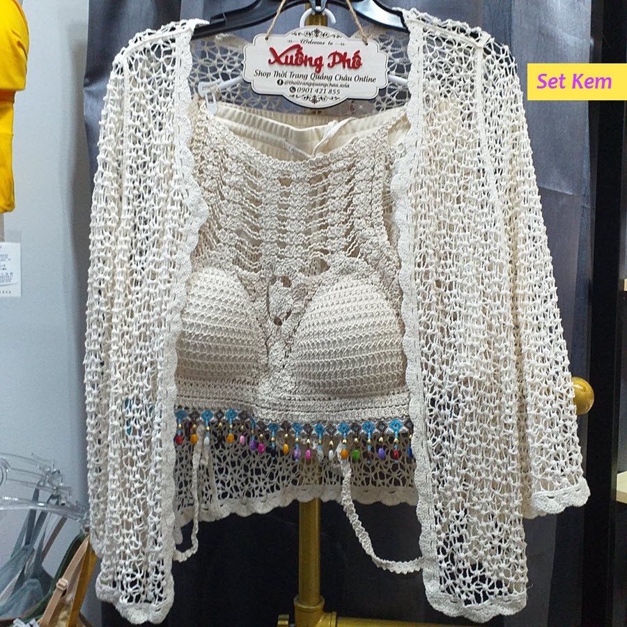 (Hàng nhập) SET 3 MÓN Bikini len móc đi biển Trắng Quảng Châu #1800