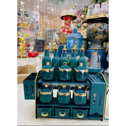 Kệ gia vị - kệ 2 tầng cao cấp đủ giỏ đựng đũa thìa. bộ đựng gia vị cao cấp