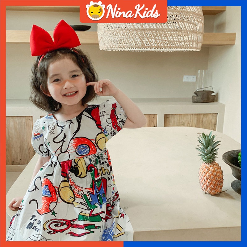 Đầm   tay ngắn hở lưng họa tiết graffiti thời trang mùa hè cho bé gái 1-6 tuổi