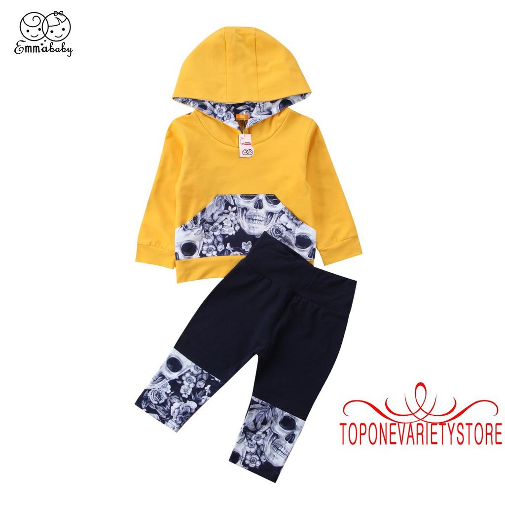 VSO-2pcs Newborn Baby Boy Girl Skull Hooded Sweater Tops+Pants Outfits Set