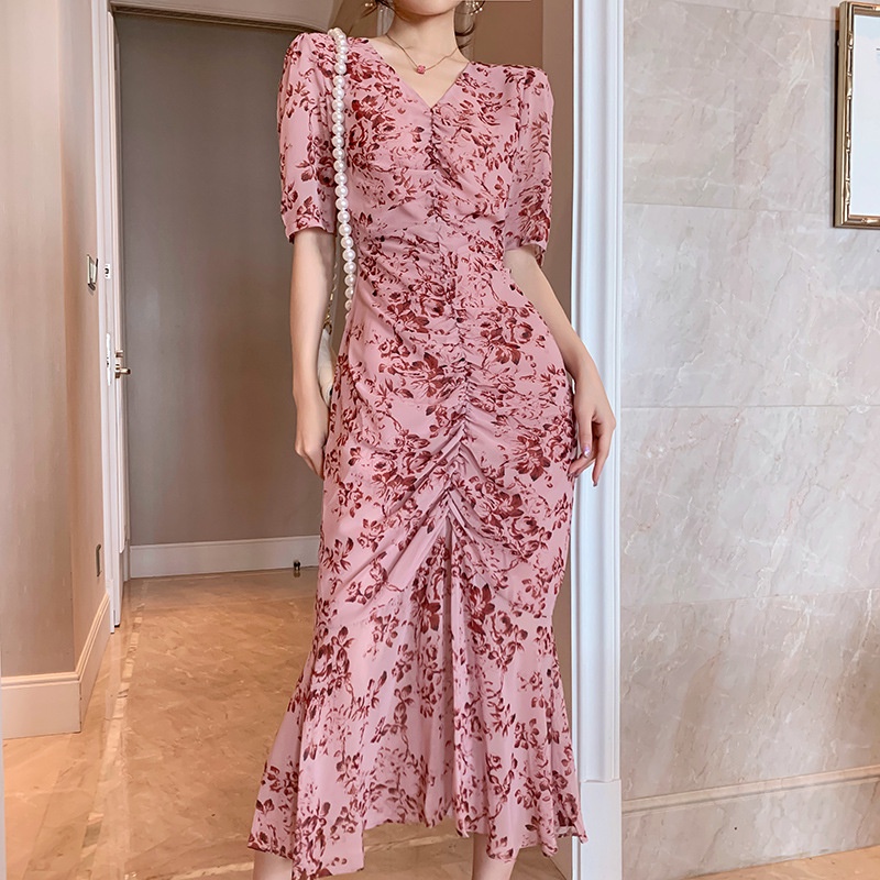 ZYHT Đầm Voan Hoa Xếp Ly Ôm Dáng Phong Cách Thời Trang Nữ 4864