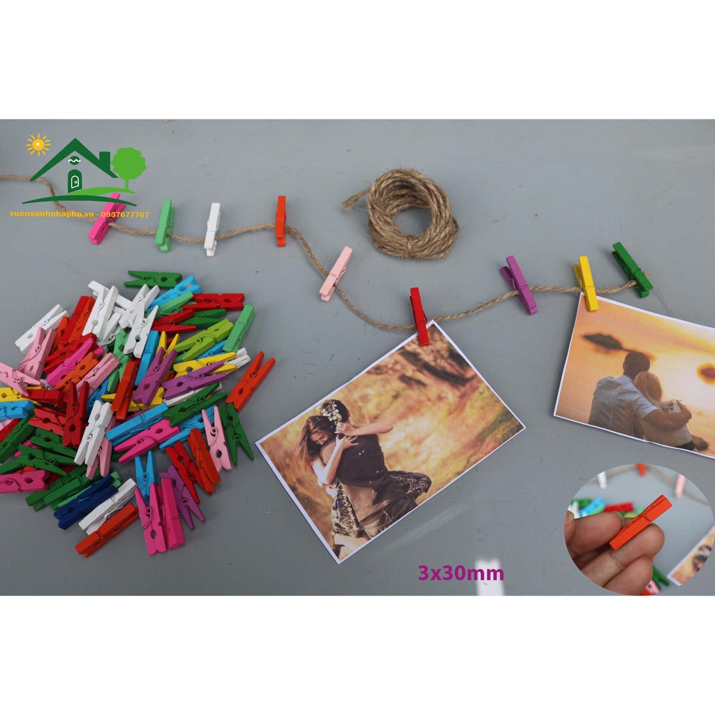 Sét 25-50 Kẹp Gỗ Mini Treo Hình Ảnh Nhiều Màu Size 0.3x3cm + Tặng 2m Dây Thừng