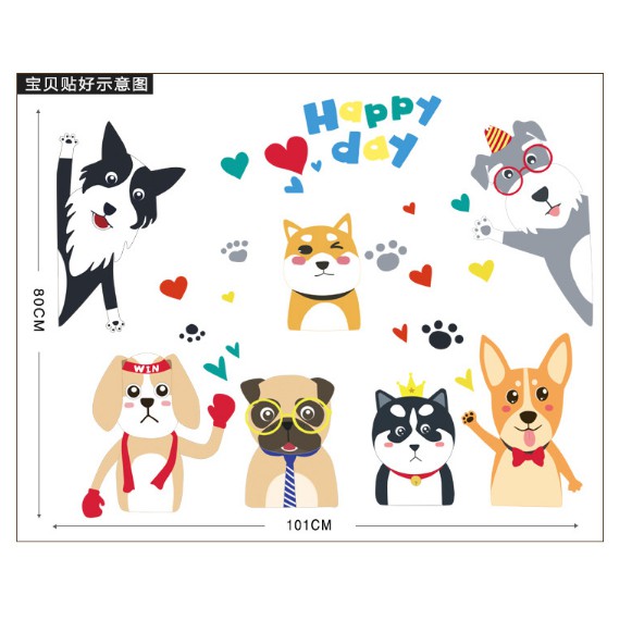 Decal trang trí tường - Bày Chó HAPPY DAY