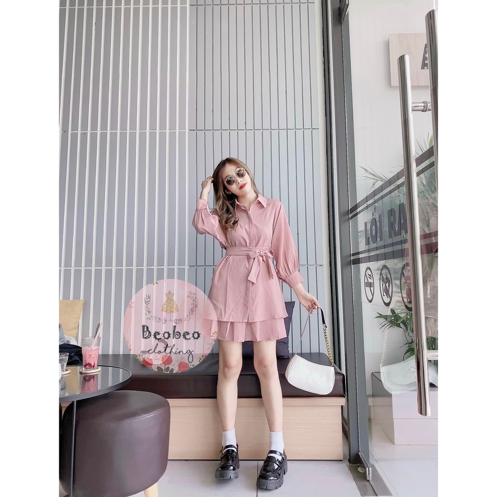 Set áo sơ mi tay phồng thắt nơ kèm chân váy xếp ly ulzzang