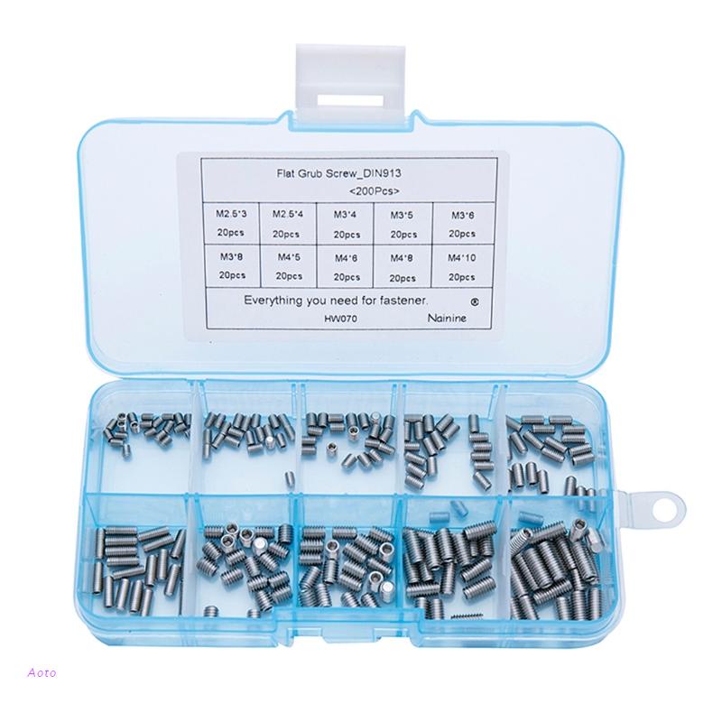 Set 200 Ốc Vít Đầu Lục Giác M2.5 M3 M4 Din913 304 Bằng Thép Không Gỉ