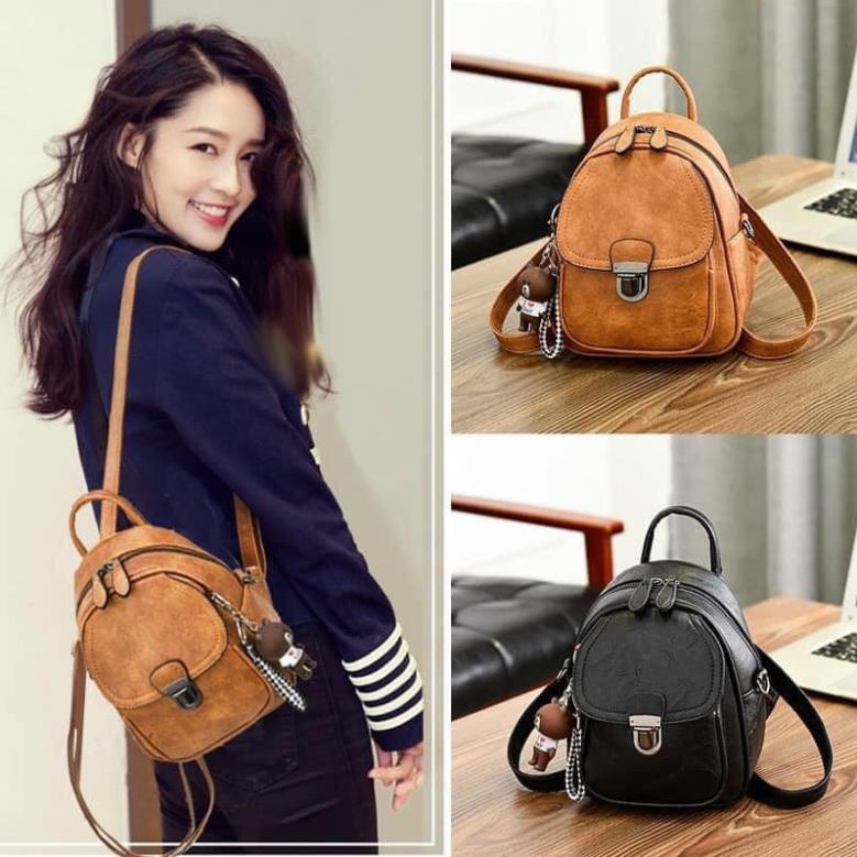 (giá sỉ) BALO DA PU NẮP KHÓA CÁ TÍNH, KEM GẤU NÂU BROWN SIÊU XINH
