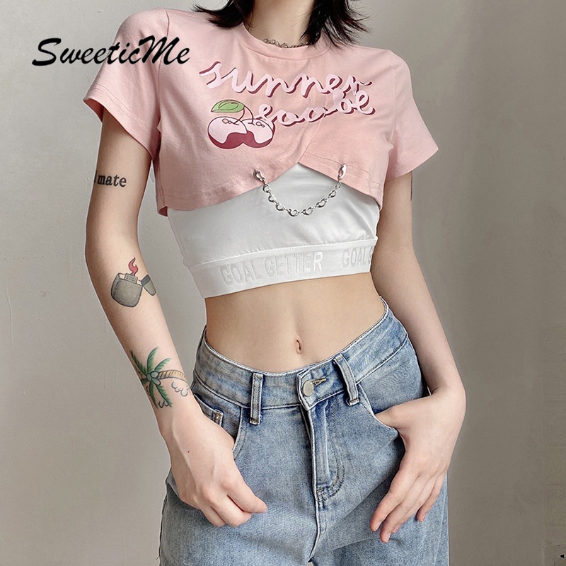 Áo Thun Lửng Tay Ngắn Dáng Ôm In Họa Tiết SweeticMe Thời Trang Cho Nữ