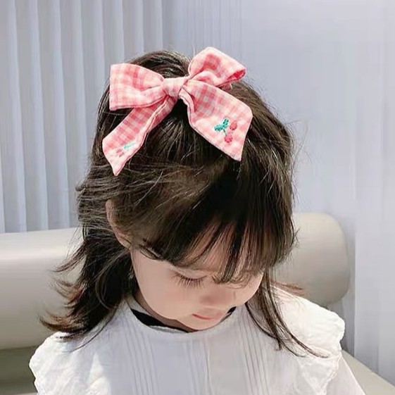 Kẹp nơ caro thêu cherry siêu xinh phong cách Hàn Quốc cho bé - Selenshop