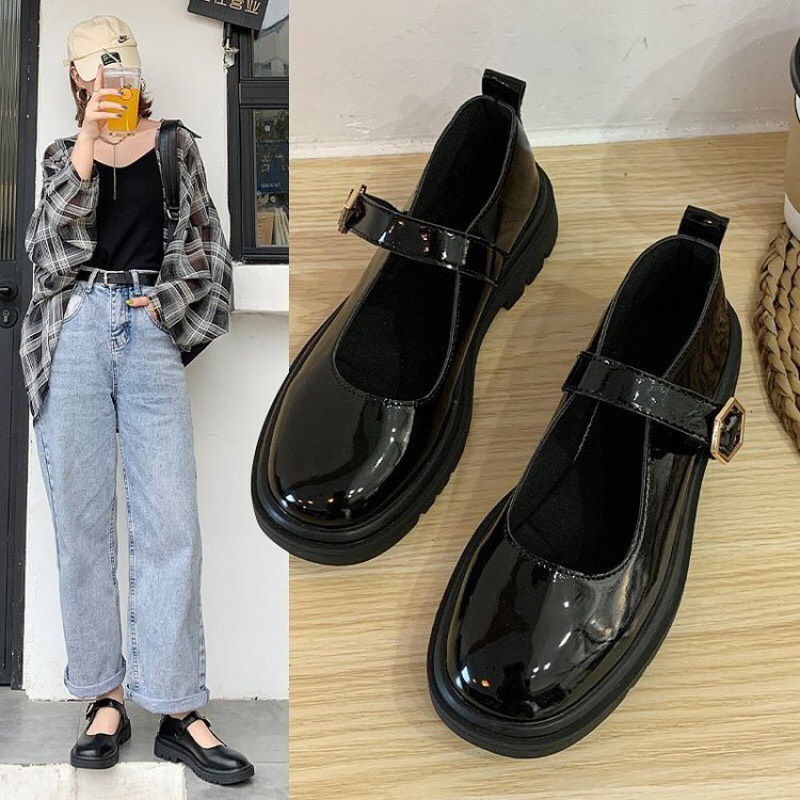 Giày búp bê nữ ulzzang đẹp phối quai cài đế 2cm da mềm đơn giản cực xinh