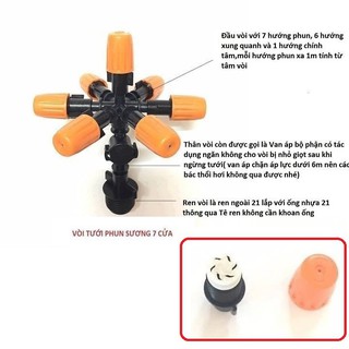 Béc phun sương 7 hướng có van áp chống rò rỉ và chân ren 21