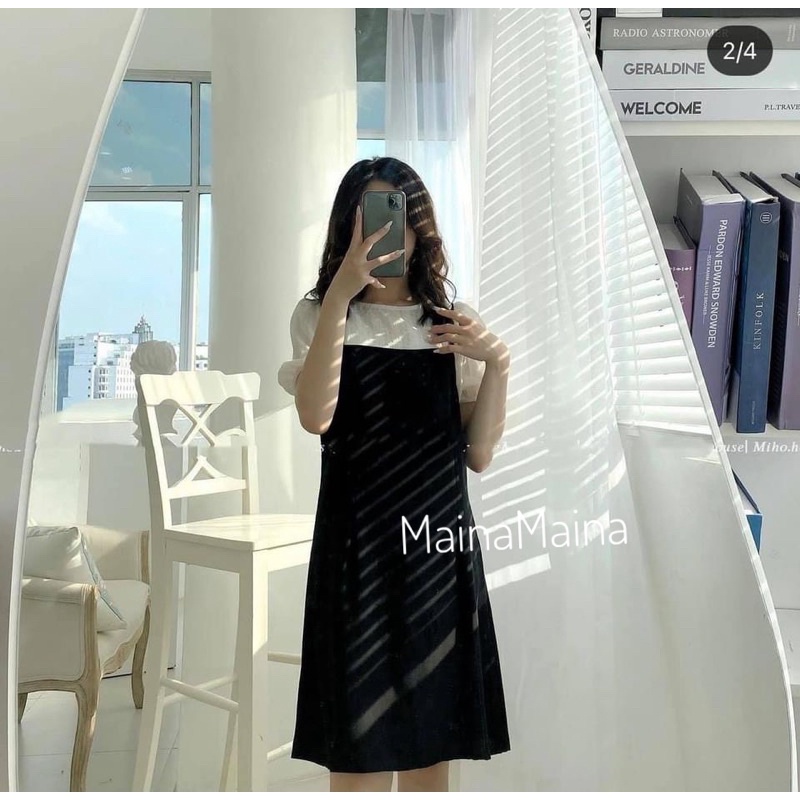 Set áo yếm thắt nơ vai ulzzang - Set áo trắng yếm đen một màu