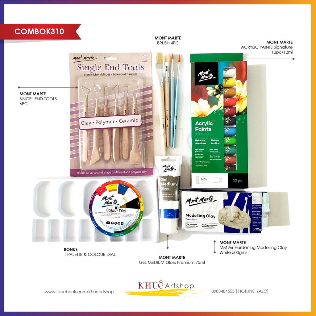 ComboK310/ set 5 món tạo hình đất sét tự khô, dụng cụ tạo hình, sơn gloss 75ml, 4cọ vẽ ,Mont Marte +quà tặng