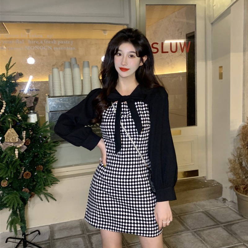 Đầm Perty dáng ôm in sọc caro phong cách Hàn Quốc thời trang mùa thu dành cho nữ