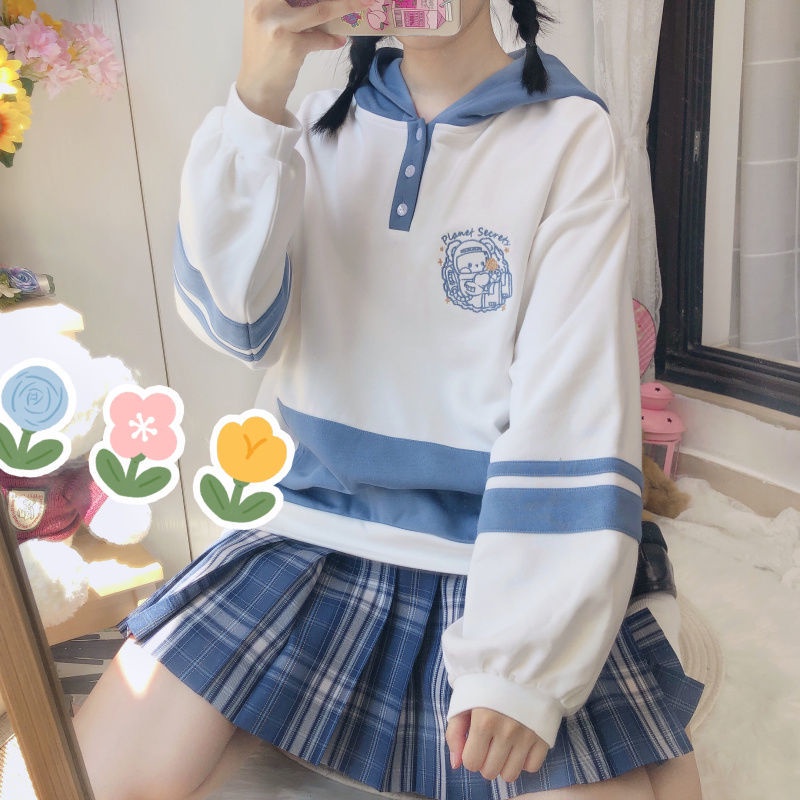 Áo Hoodie Thêu Hình Gấu Dễ Thương Phong Cách Nhật Bản