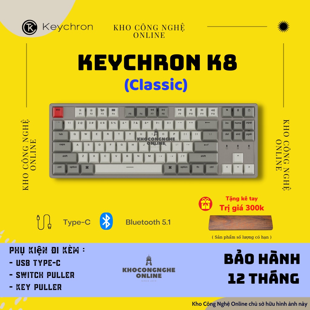 [Mã 33ELSALE hoàn 7% đơn 300K] Bàn Phím Cơ Không Dây Keychron K8 HotSwap - Không Led | Keychron Switch