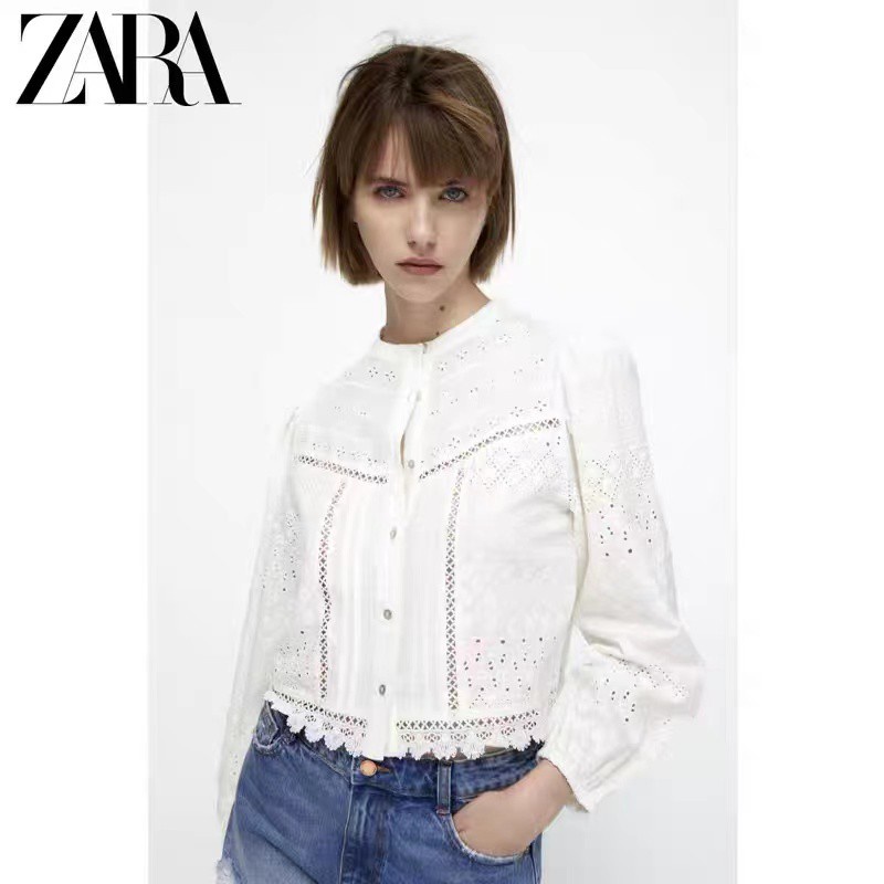 Zara Áo Sơ Mi Ngắn Tay Thêu Họa Tiết Xinh Xắn Theo Phong Cách Mùa Thu Dành Cho