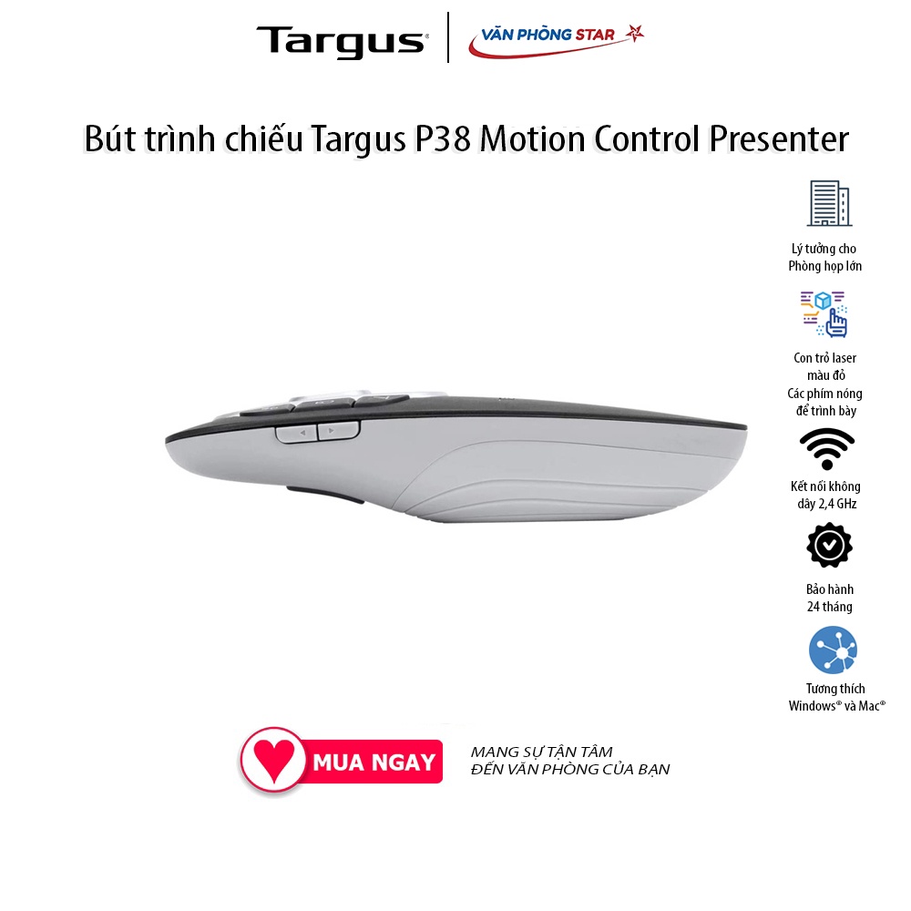 Bút trình chiếu Targus P38 Motion Control Presenter Kết nối không dây Tương thích với Windows &amp; MacOS BH 12 tháng