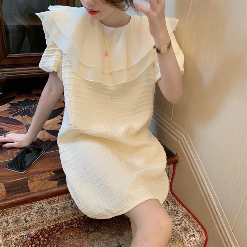 Đầm suông form ngắn cổ bèo tay con - kèm hình thật