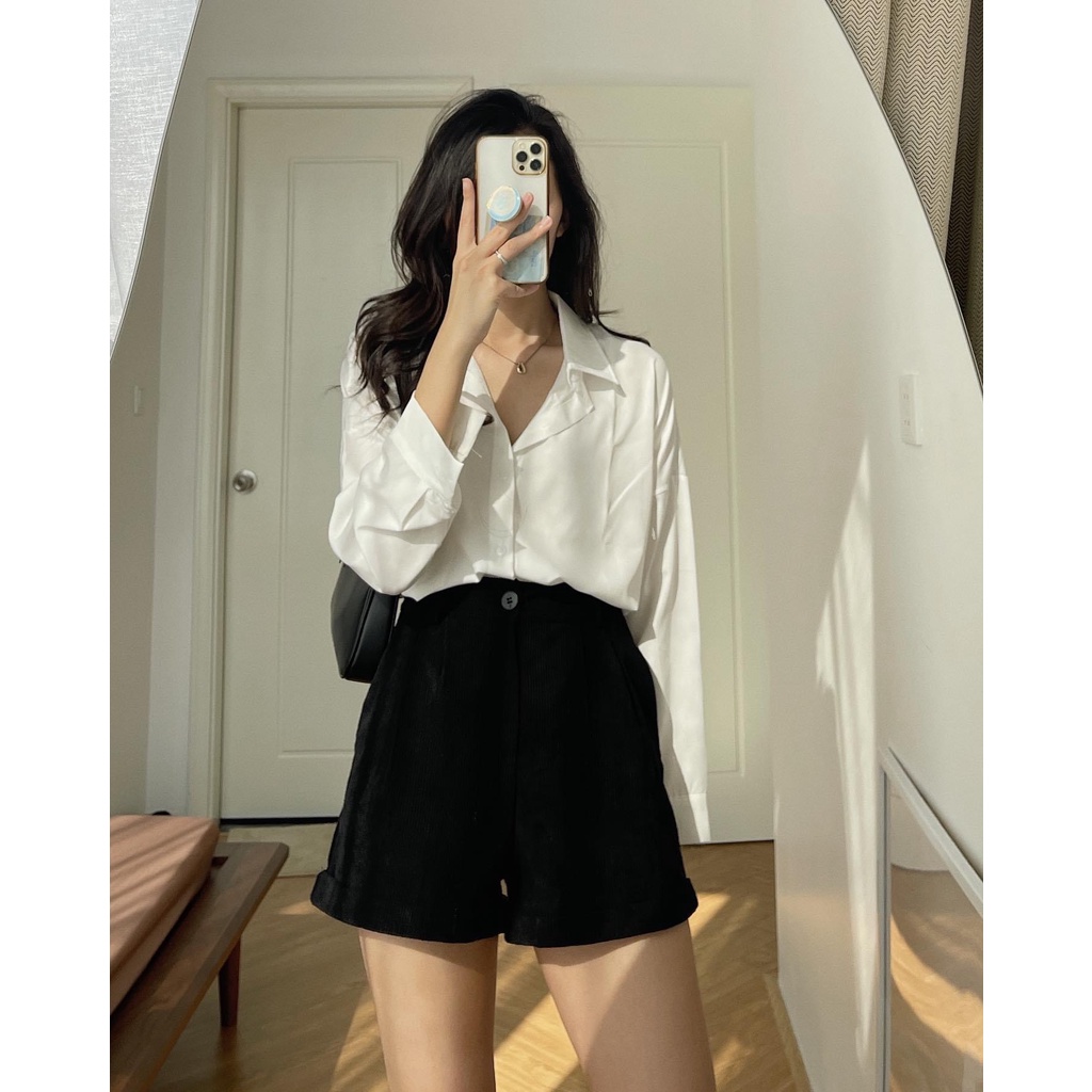 Áo dài tay trắng, Áo sơ mi trơn cổ bẻ túi ngực dáng suông đơn giản unisex Daski