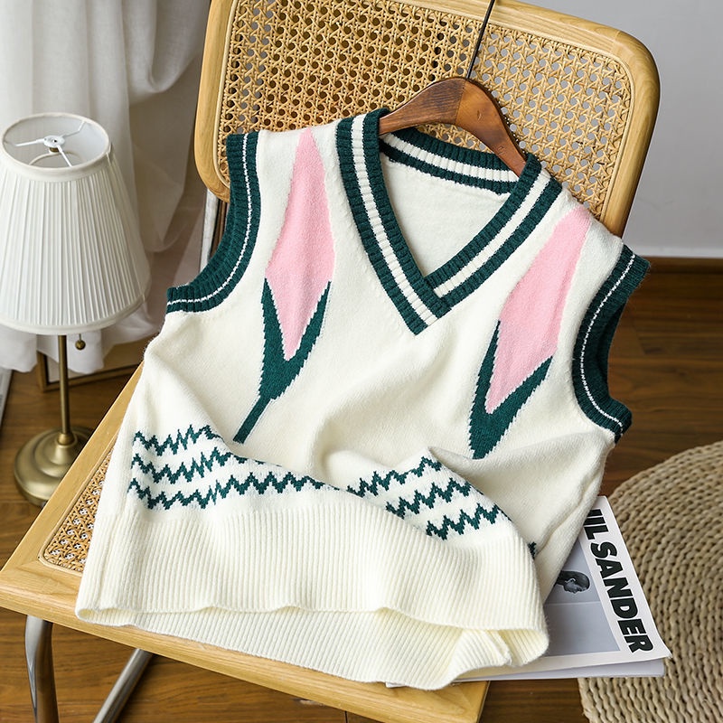 Áo len không tay cổ chữ V màu sắc tương phản phong cách Hàn Quốc