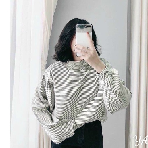 Áo len nữ cổ cao tay dài form rộng dáng dài kẻ ngang Hàn Quốc