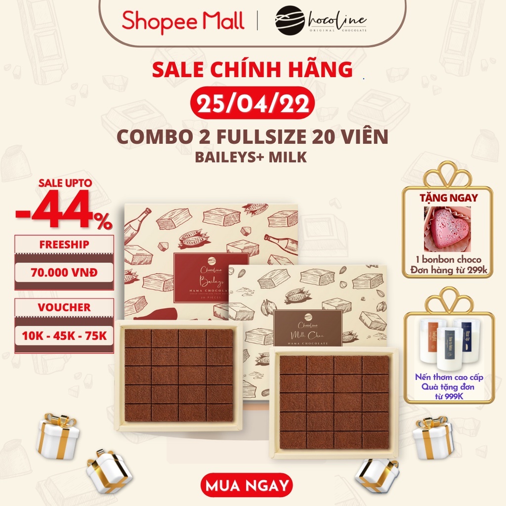 Socola Tươi Chocoline Vị Kem Sữa Bailey &amp; Vị Sữa Milk Choc - Combo 2 hộp 20 Viên (260gram)