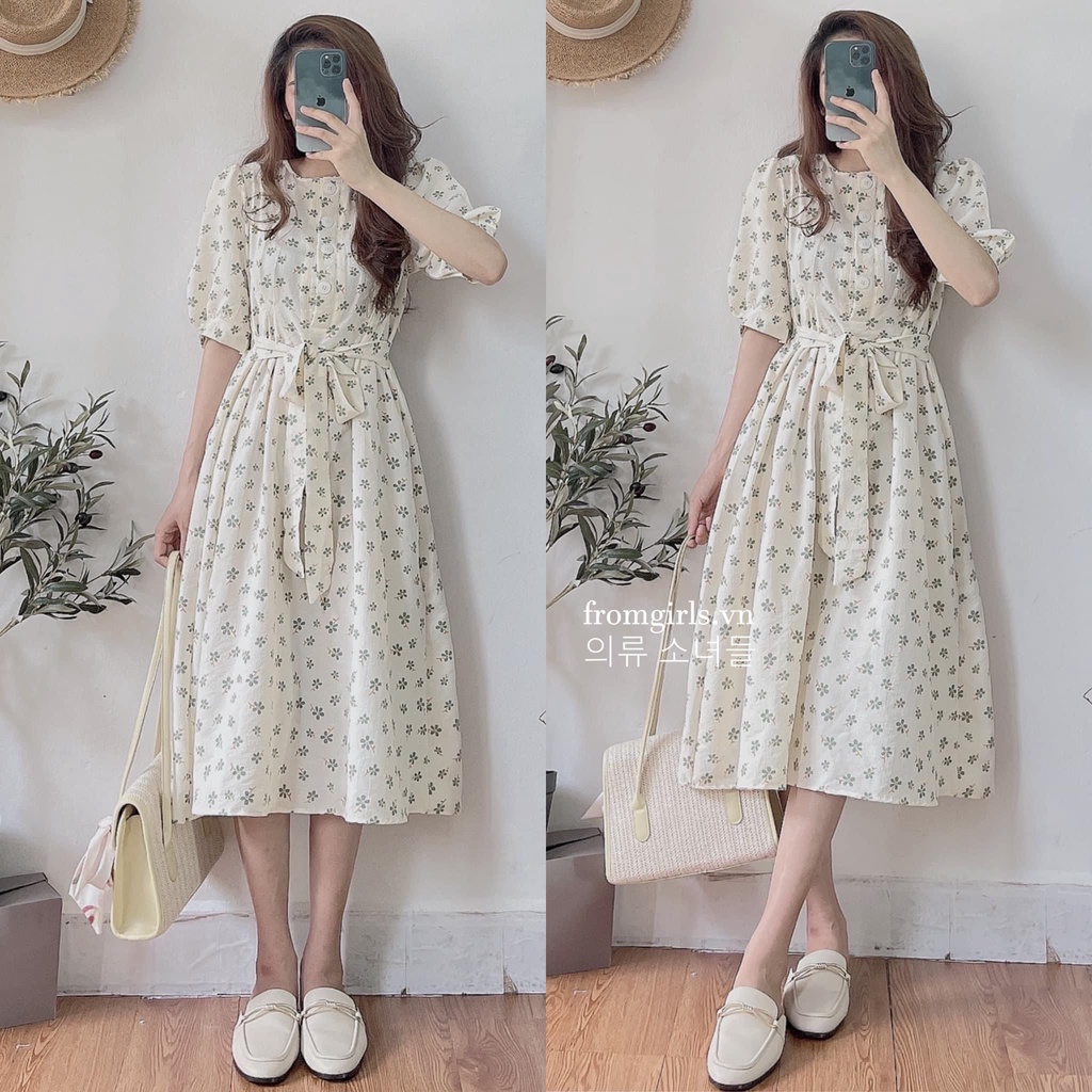 Váy hoa nhí vintage, đầm hoa nhí dáng dài tay phồng có dây buộc eo brown.clothes  - V55