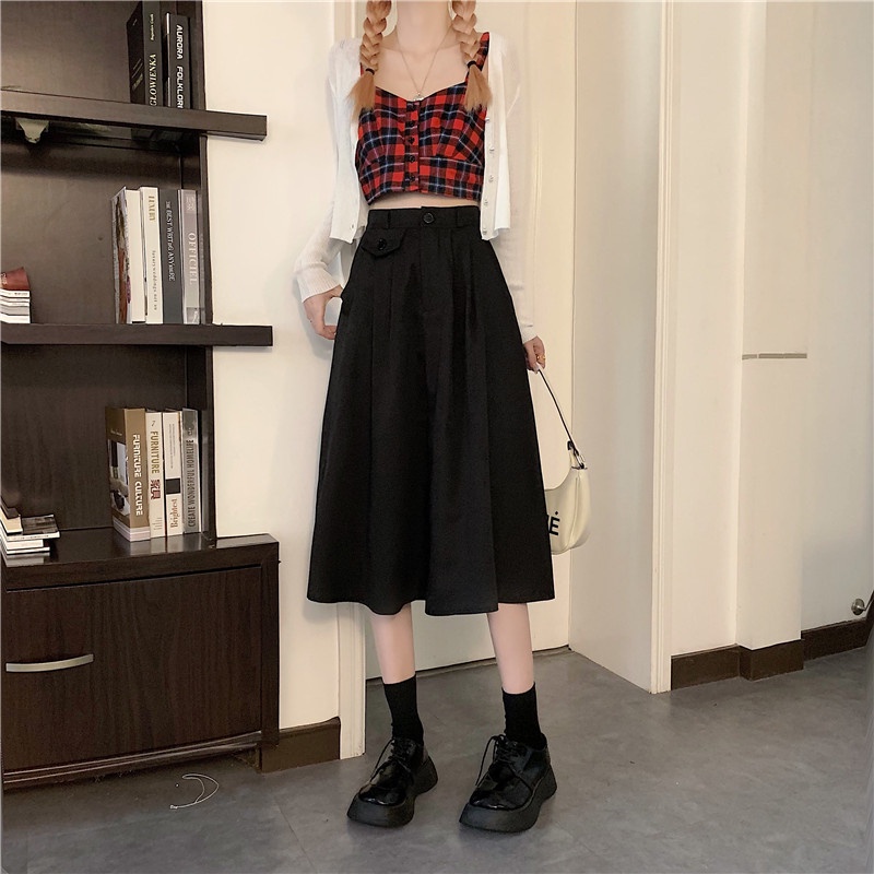 SUXI Chân Váy Chữ A Lưng Cao Màu Trơn Thời Trang Hàn Quốc Cho Nữ