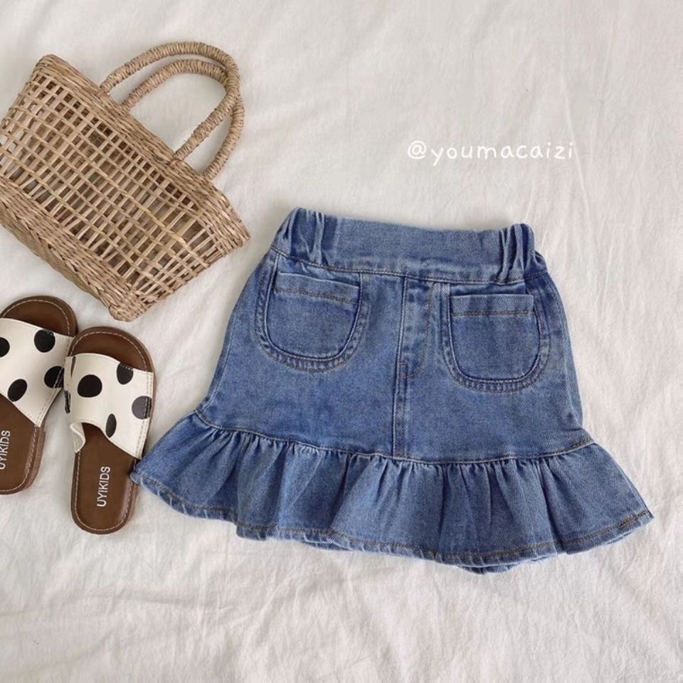 Chân Váy Denim Phối Lưới Phong Cách Mới 2022 Cho Bé Gái