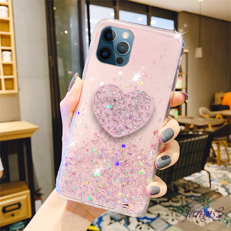 Ốp điện thoại silicon mềm phối kim tuyến kèm giá đỡ hình trái tim cho iPhone 12 Mini 12 11 Pro Max 7 8 Plus SE 2020 | BigBuy360 - bigbuy360.vn