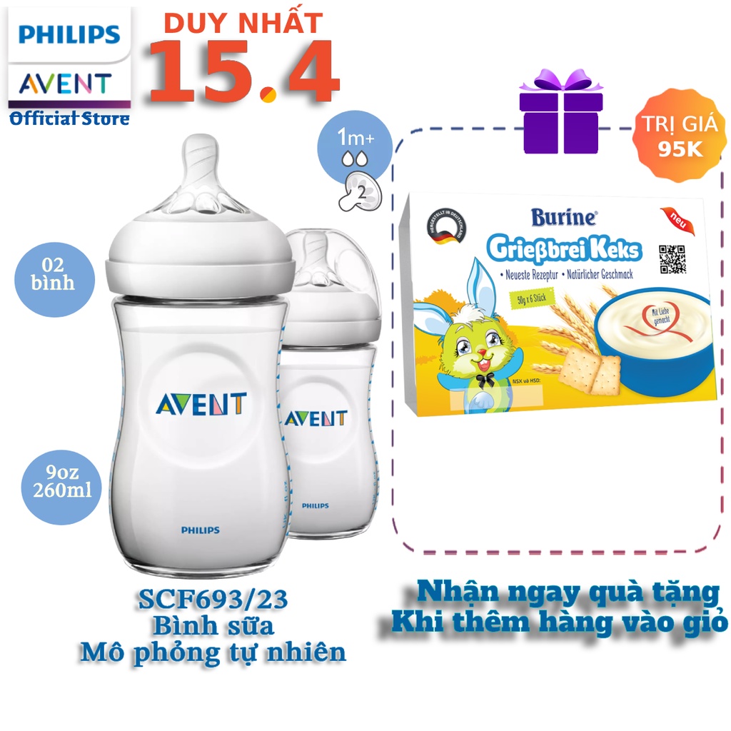 Combo 2 bình sữa Philips Avent bằng nhựa không có BPA (Bình 260ml) thiết kế mô phỏng tự nhiên SCF693/23