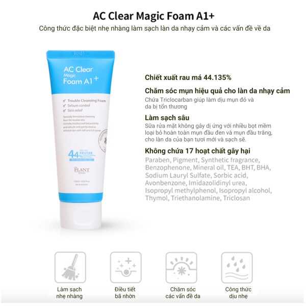 Sữa rửa mặt da dầu mụn THE PLANT BASE AC Clear Magic Foam A1+ 120ml