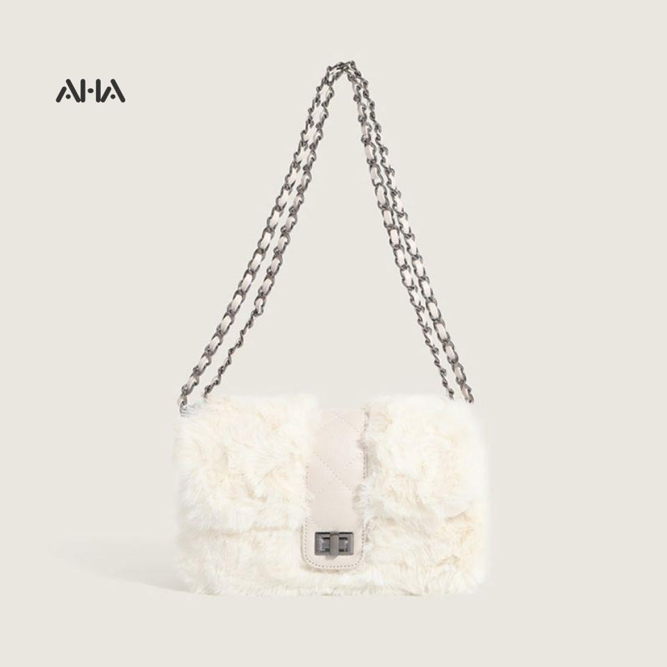 Túi xách đeo vai AHA official phủ bông phối dây xích đính đá thời trang sang trọng cho nữ