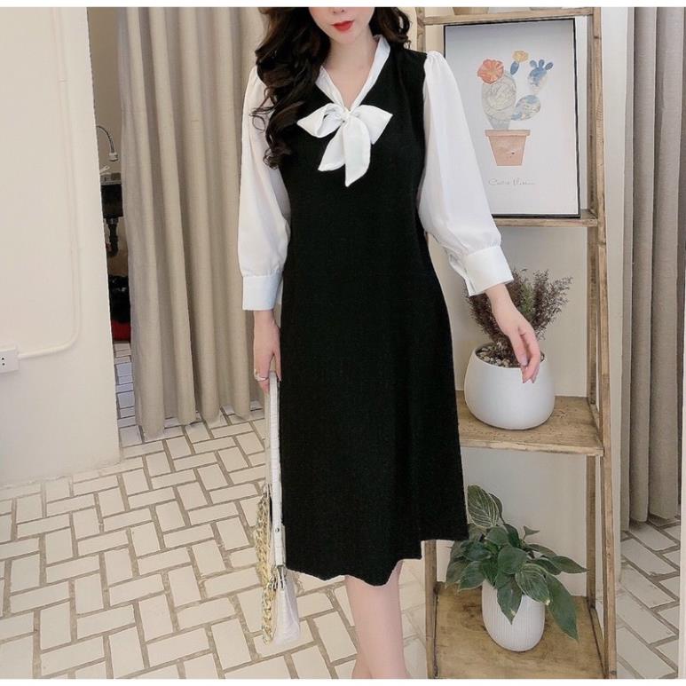 Đầm bầu dài tay-Váy bầu đũi xước công sở thắt nơ cổ 2 màu