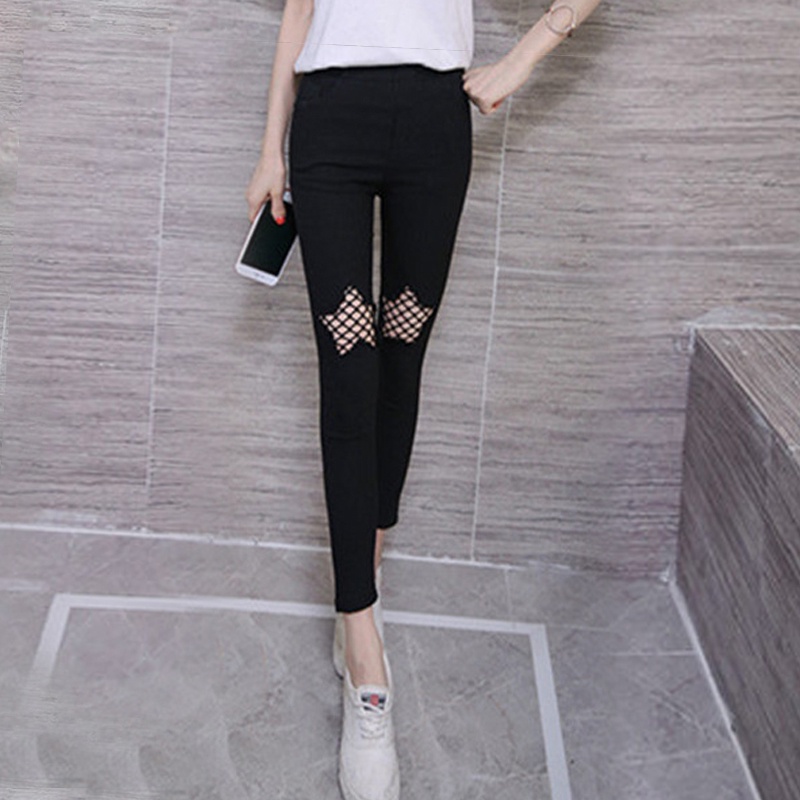 Quần jean dài dáng skinny phối rách kiểu lưới cá thời trang dành cho nữ